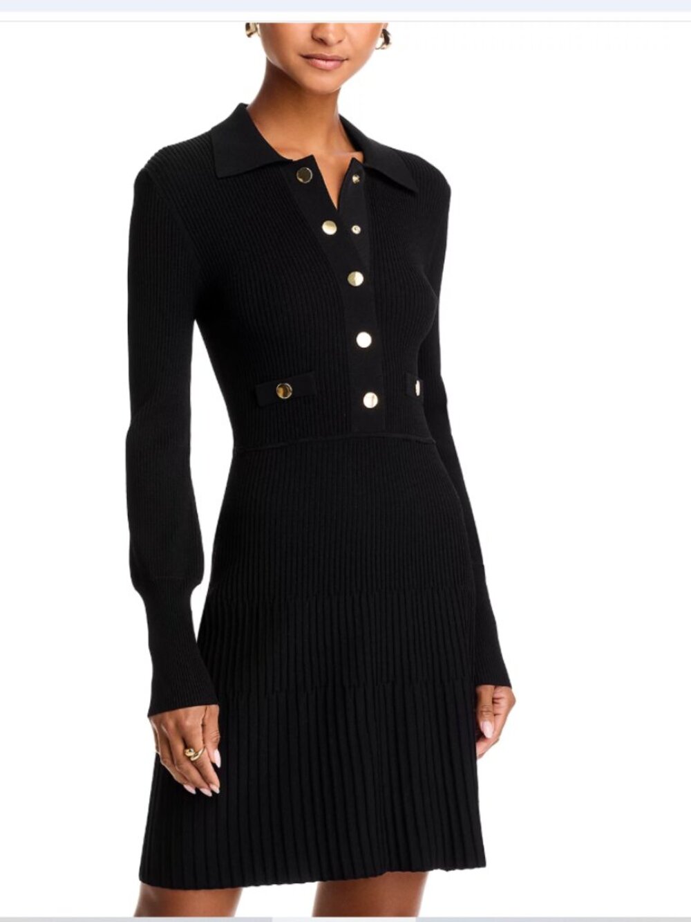 Veronica Beard Black Ribbed Lauper Dress with Gold Buttons